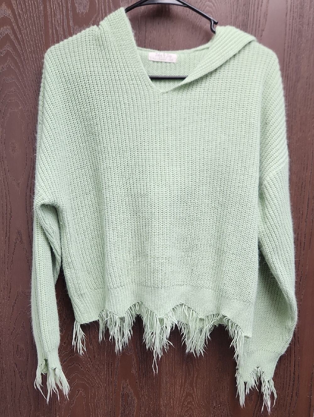 Relaxed Distressed V-Neck Hoodie Sweater — Light Mint